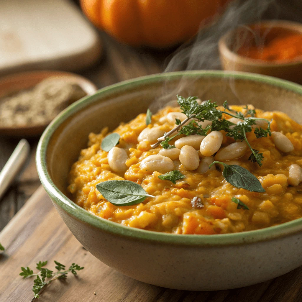 Pumpkin risotto with beans garnished with fresh herbs.