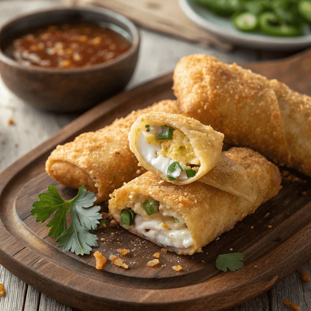  Golden crispy egg rolls with a creamy goat cheese filling