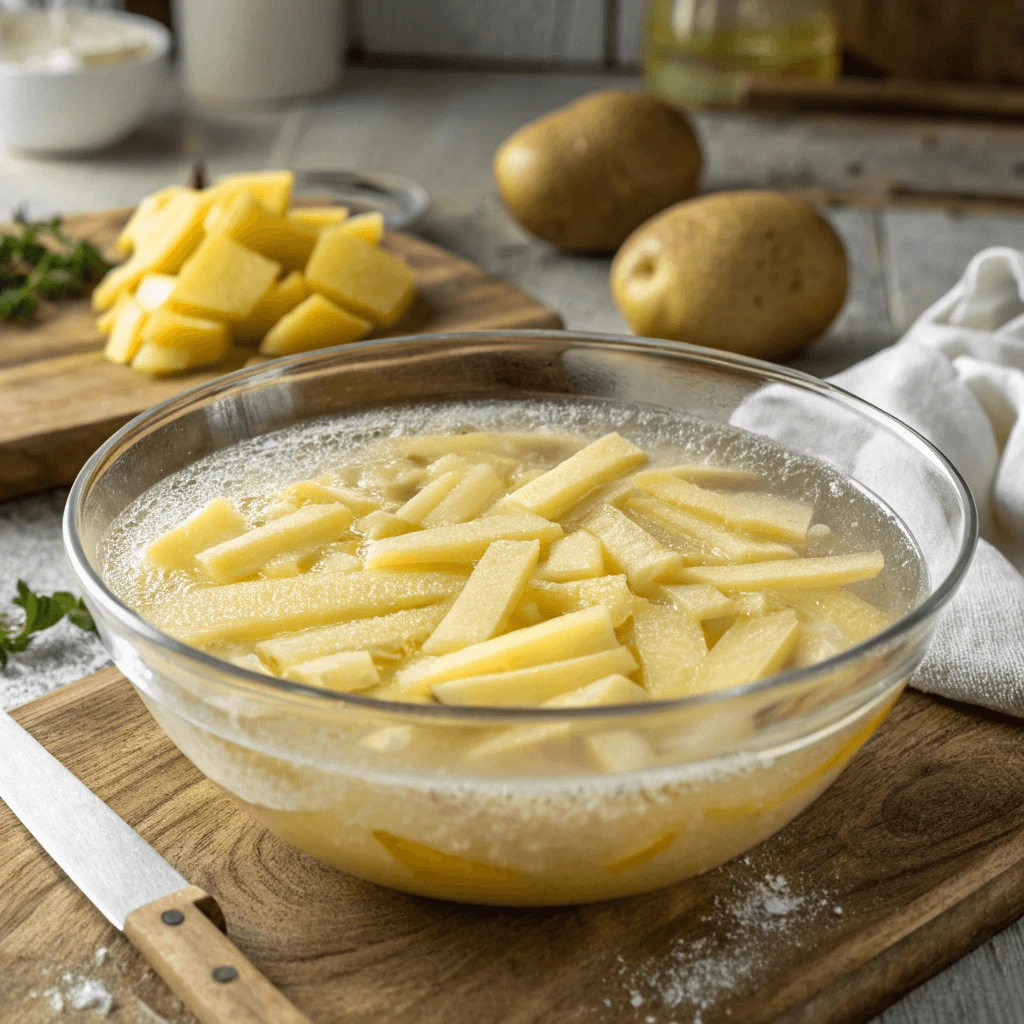 Freshly cut Kennebec potatoes soaking in water for crispier fries.