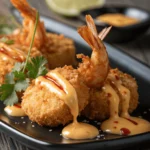 Close-up of crispy shrimp with Boom Boom sauce drizzled on top