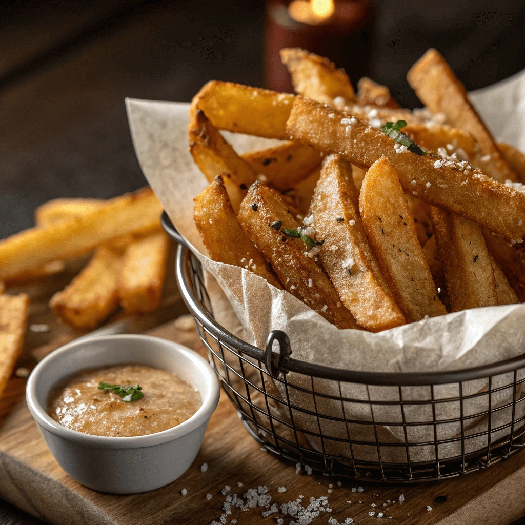 A plate of Kennebec fries garnished with seasoning and served with dipping sauce.