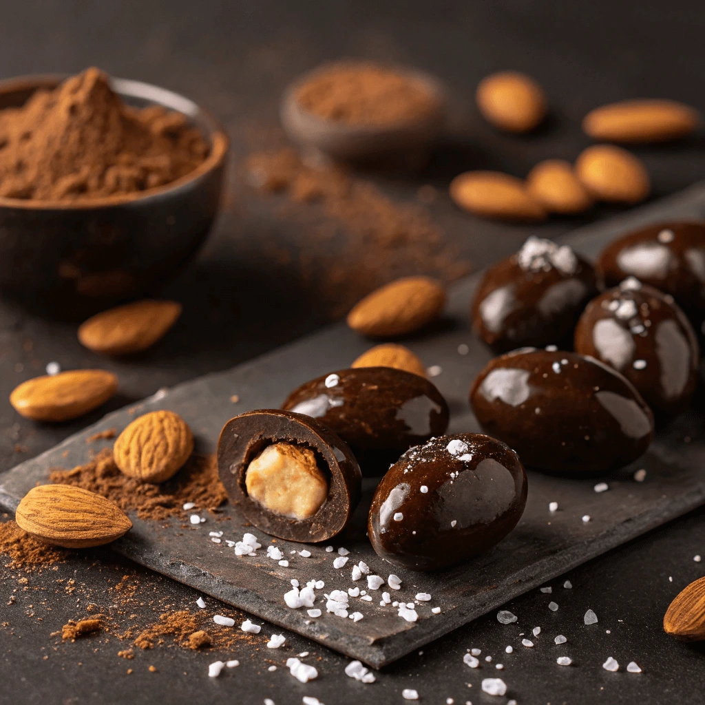 A plate of chocolate-covered almonds sprinkled with sea salt.