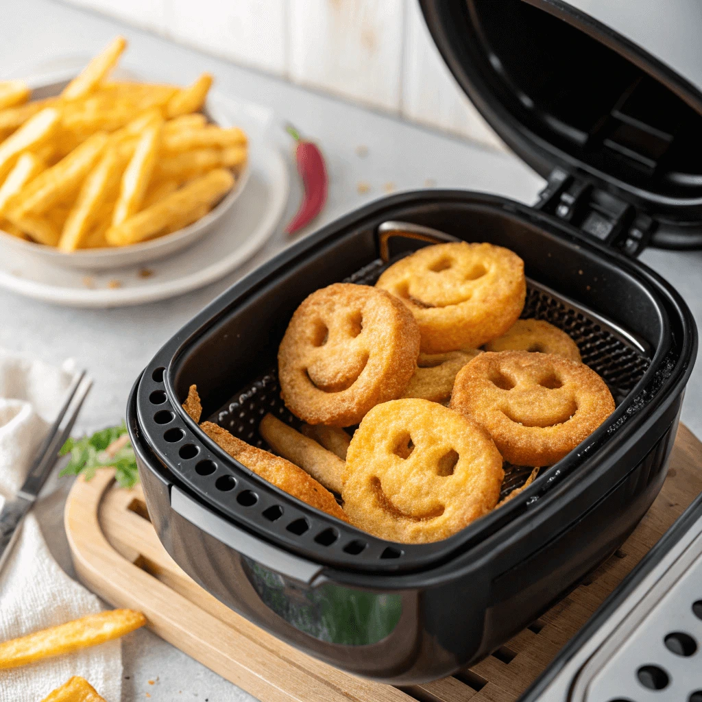 Smiley face fries in the air fryer, cooking to crispy perfection