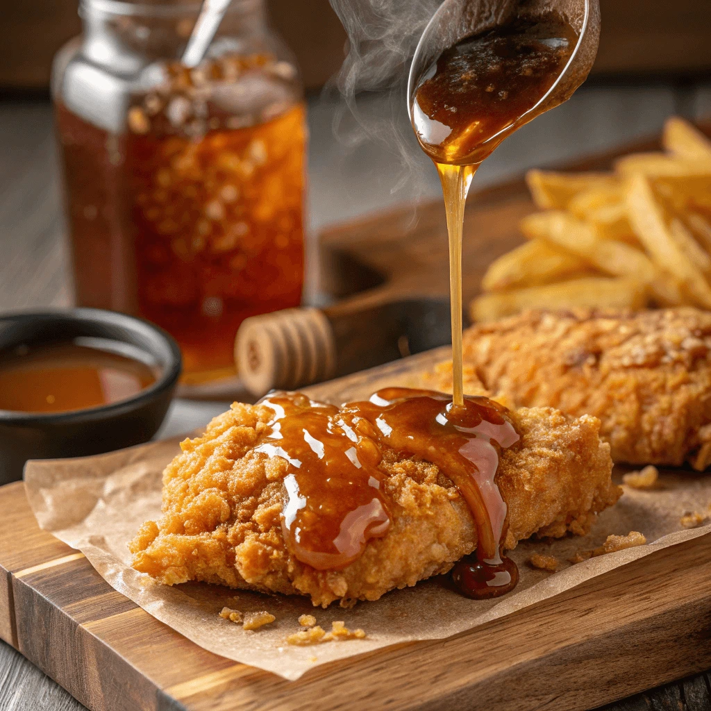  Close-up shot of hot honey sauce being drizzled over crispy chicken sandwich.