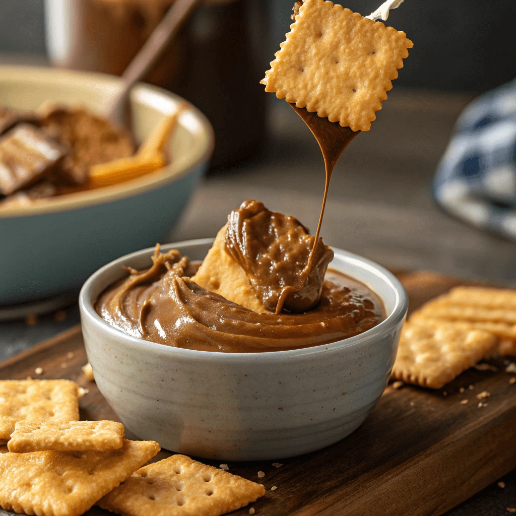 Dipping Cheez-Its into peanut butter and chocolate mixture