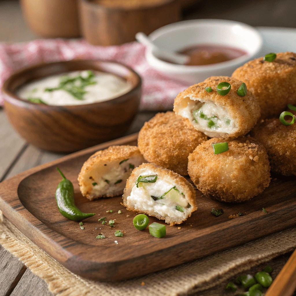 Crispy egg roll wrapper goat cheese jalapeno bites served on a plate.