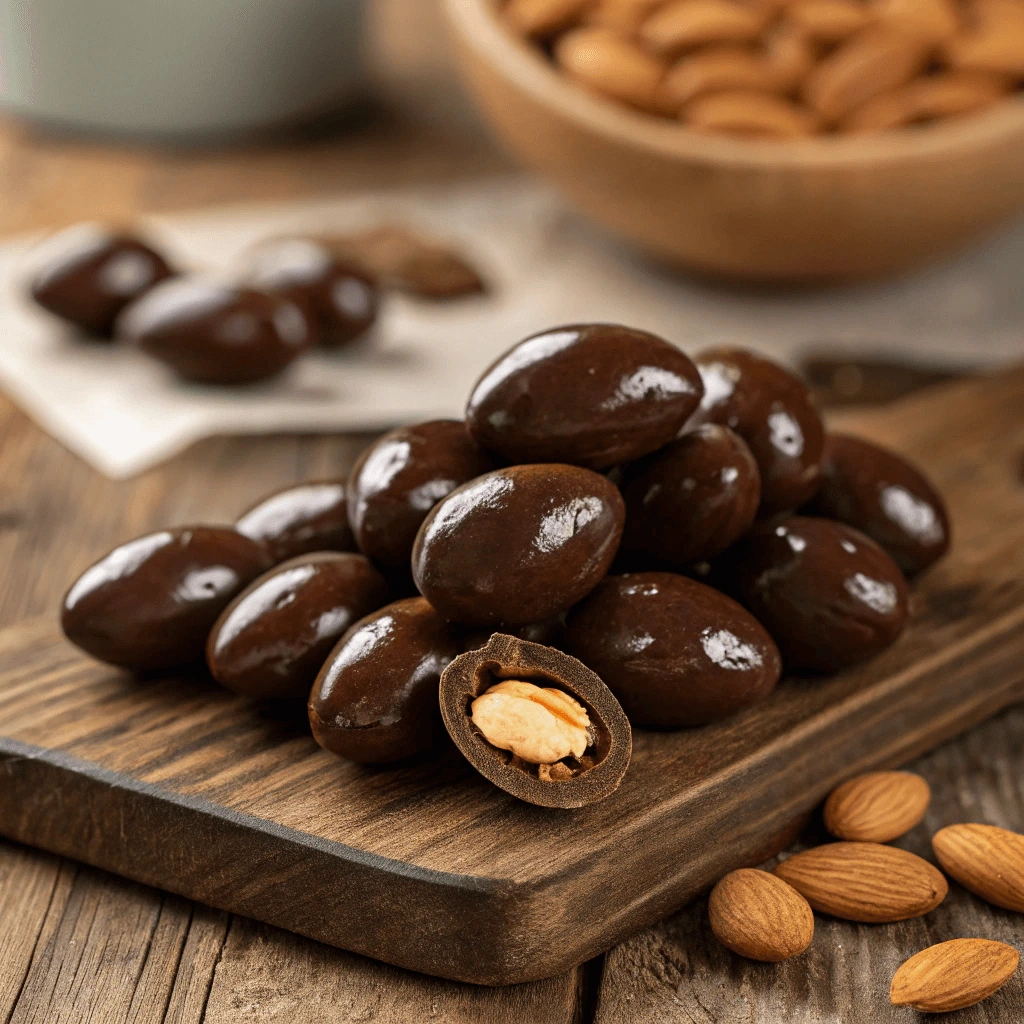 Chocolate covered almonds with a glossy finish.