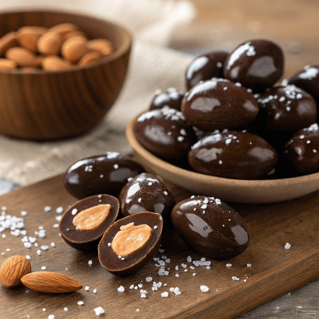 Chocolate-covered almonds on a plate with a sprinkle of sea salt.