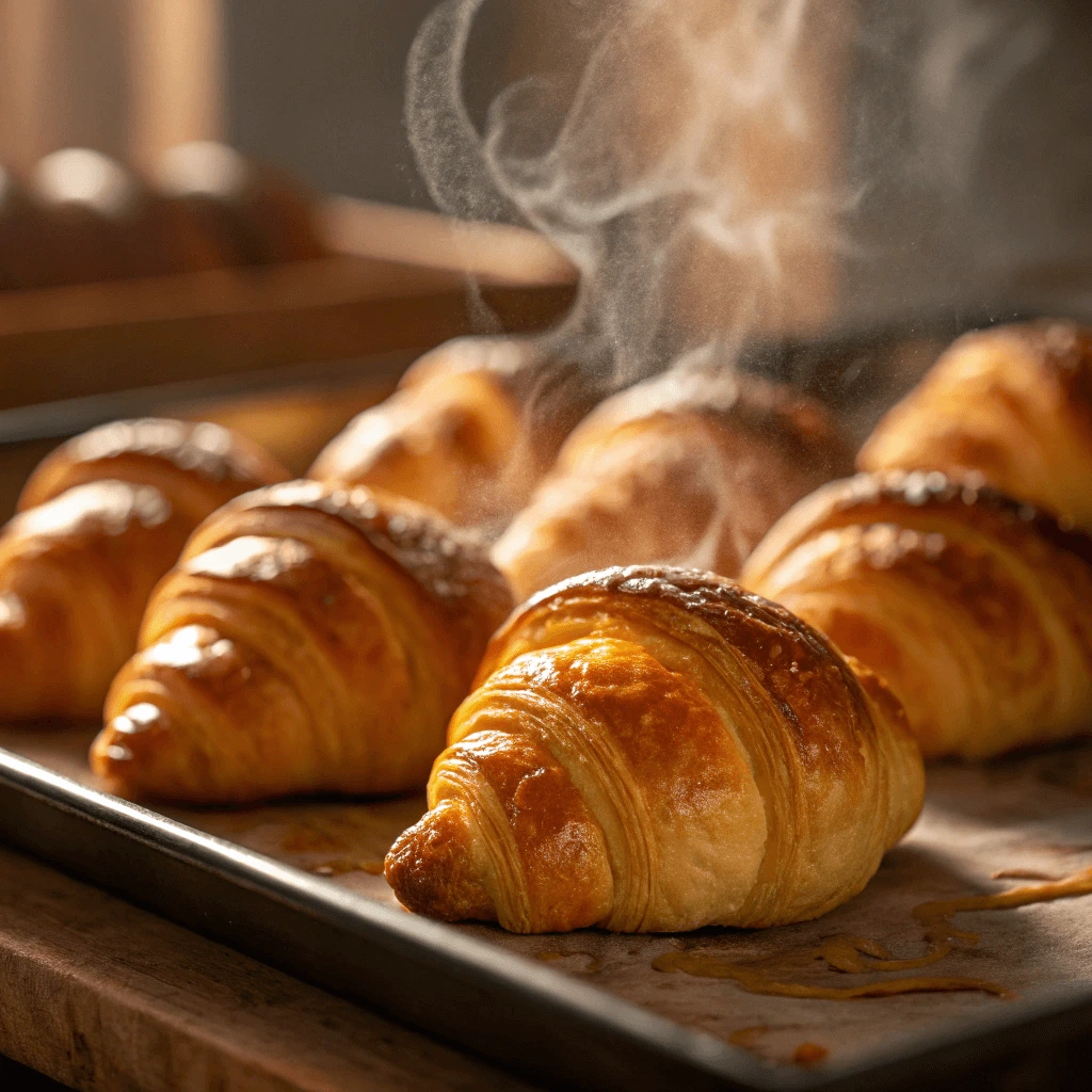 Freshly baked mini croissants on a cooling rack.