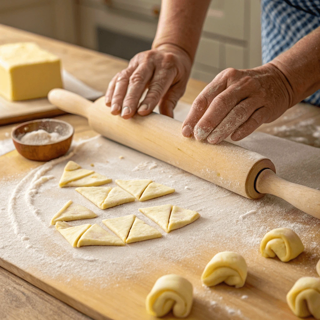 Rolling out mini croissant dough