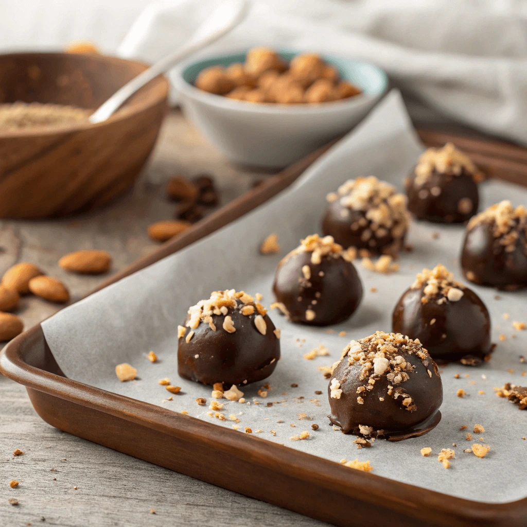 A bowl of chocolate-covered almonds with a sprinkle of crushed nuts.