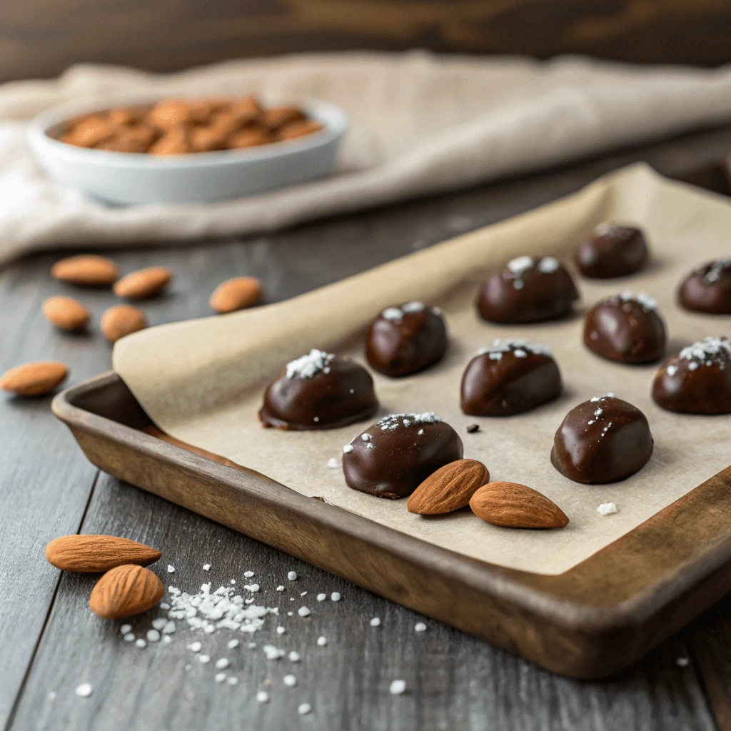  Finished chocolate-covered almonds arranged on a baking sheet.