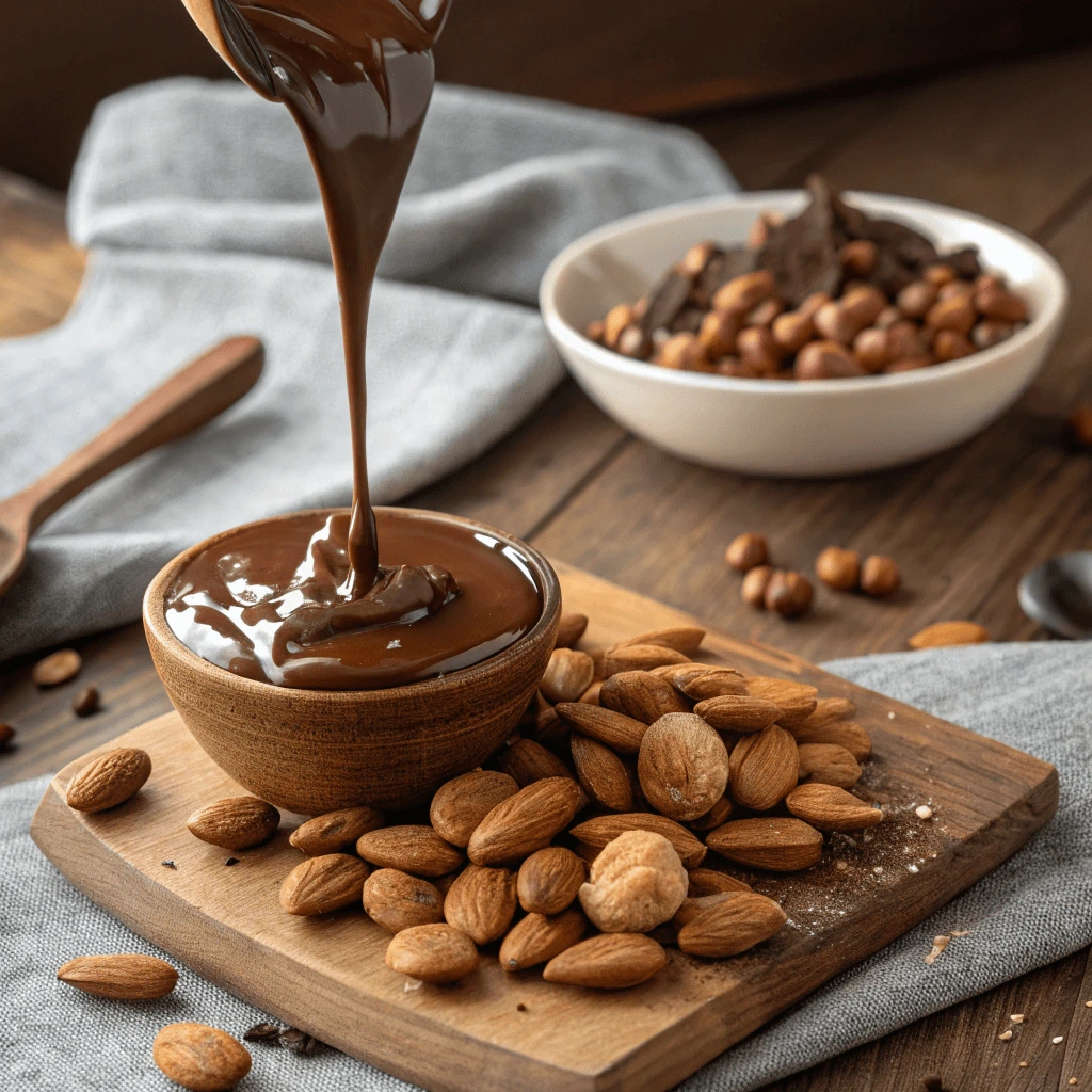 A close-up of melted chocolate being poured over almonds.