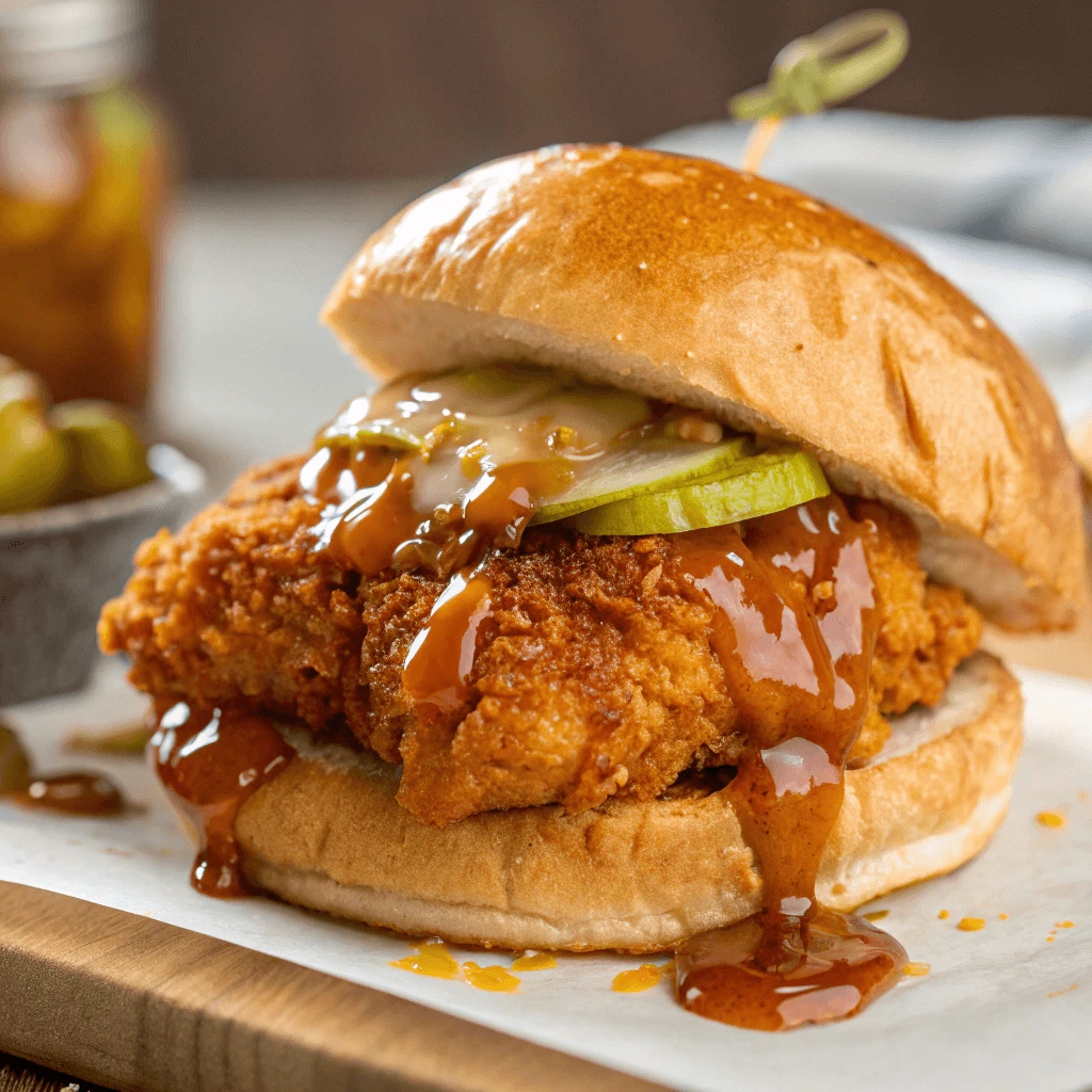 Close-up of a hot honey chicken sandwich with a crispy fried chicken breast topped with hot honey sauce.