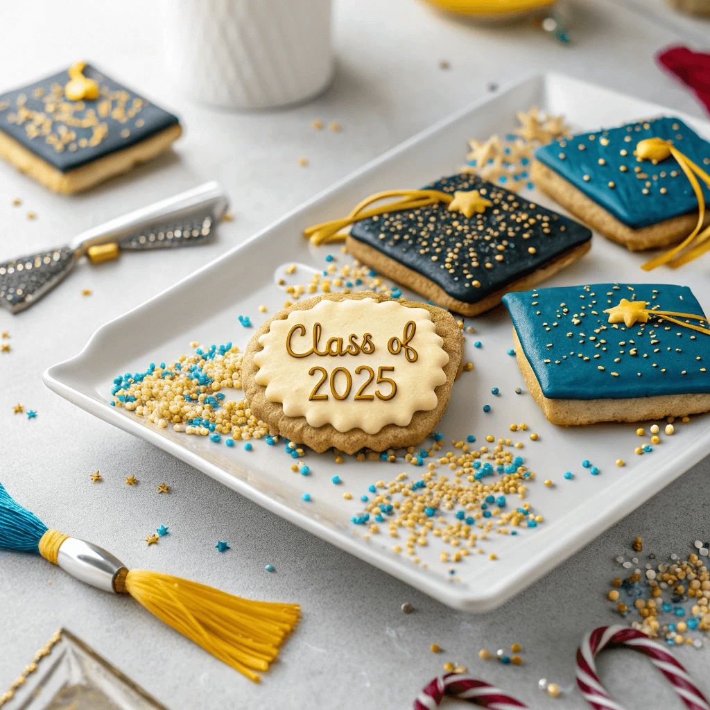 Colorful decorated graduation cap cookies on a platter.