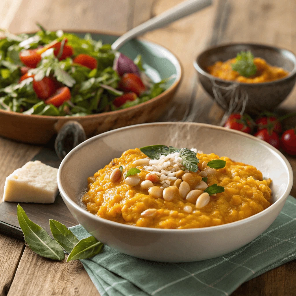 Creamy pumpkin risotto with beans served with a side salad.