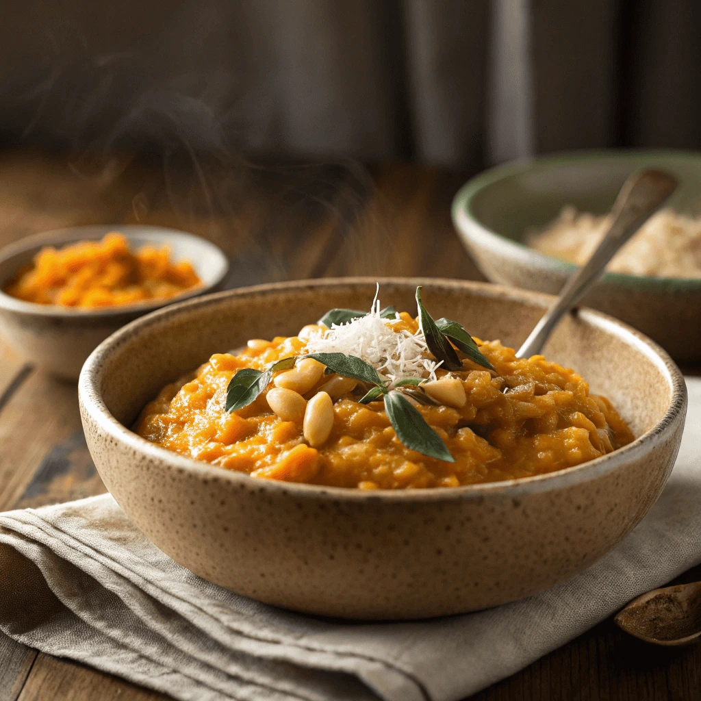 Creamy pumpkin risotto served with beans in a rustic bowl.