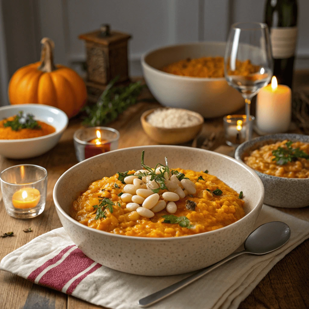 A family enjoying a meal of pumpkin risotto with beans at the dinner table.