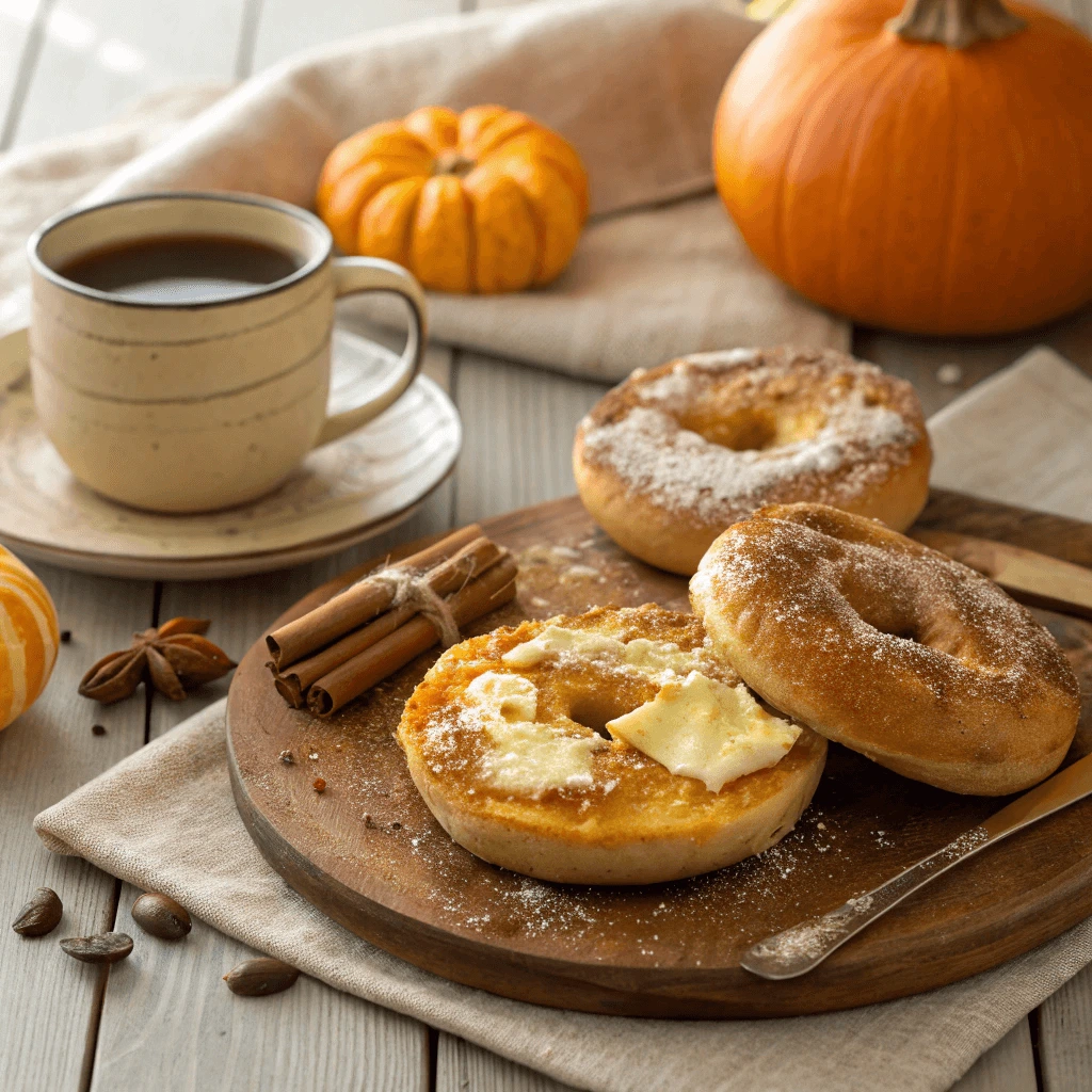  Close-up of a pumpkin bagel sliced open with melted butter and a cinnamon-sugar topping