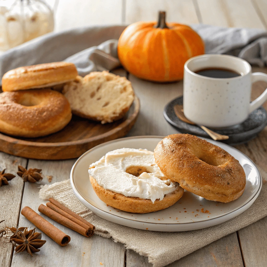 A stack of warm pumpkin bagels served with cream cheese and a sprinkle of cinnamon.