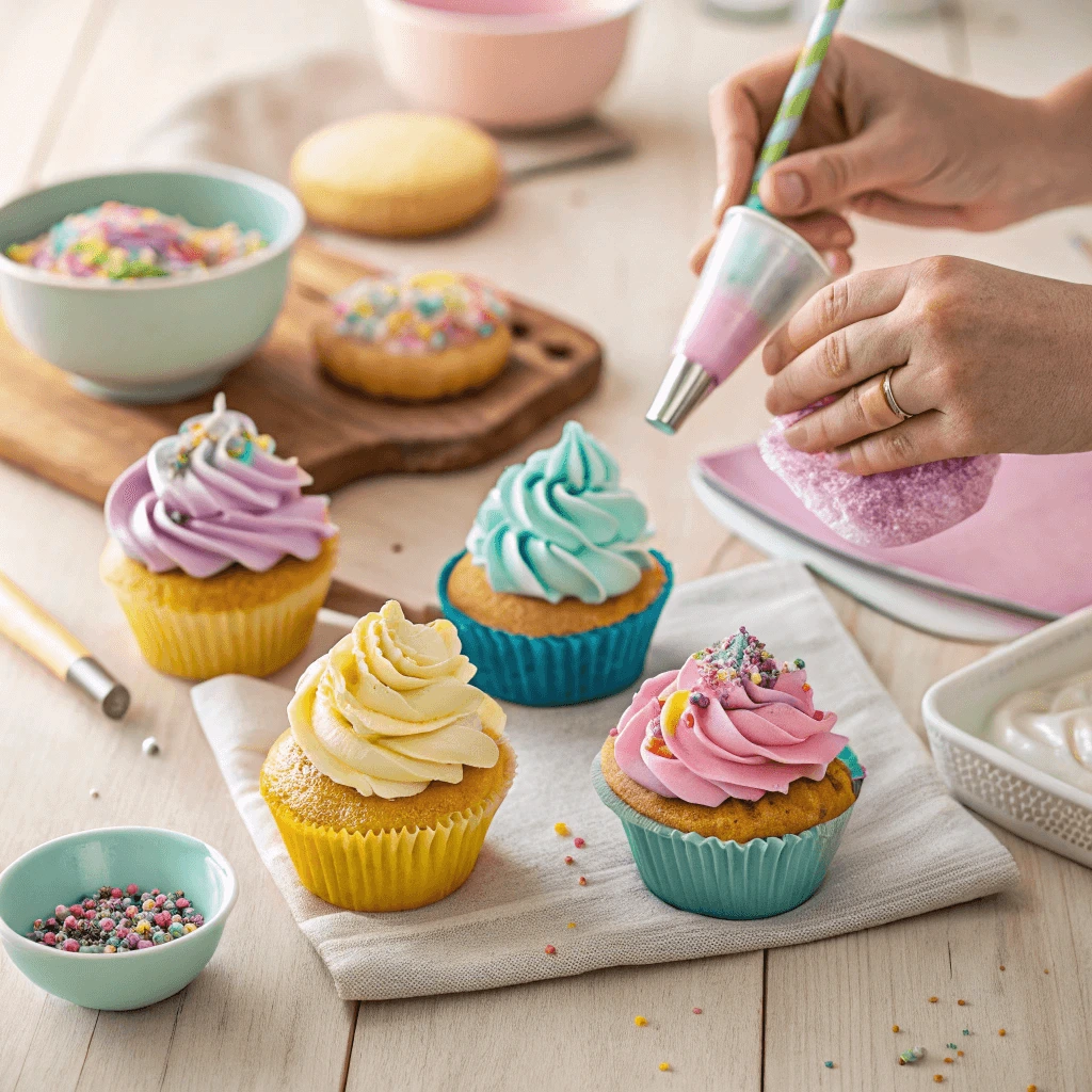 Baker decorating gluten-free cupcakes with vibrant colored icing