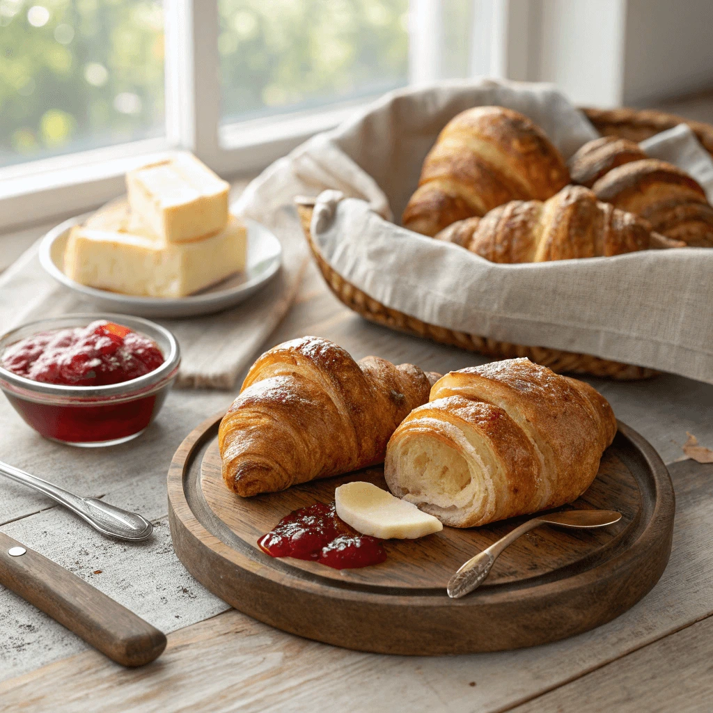 Mini croissants arranged on a plate with jam and butter