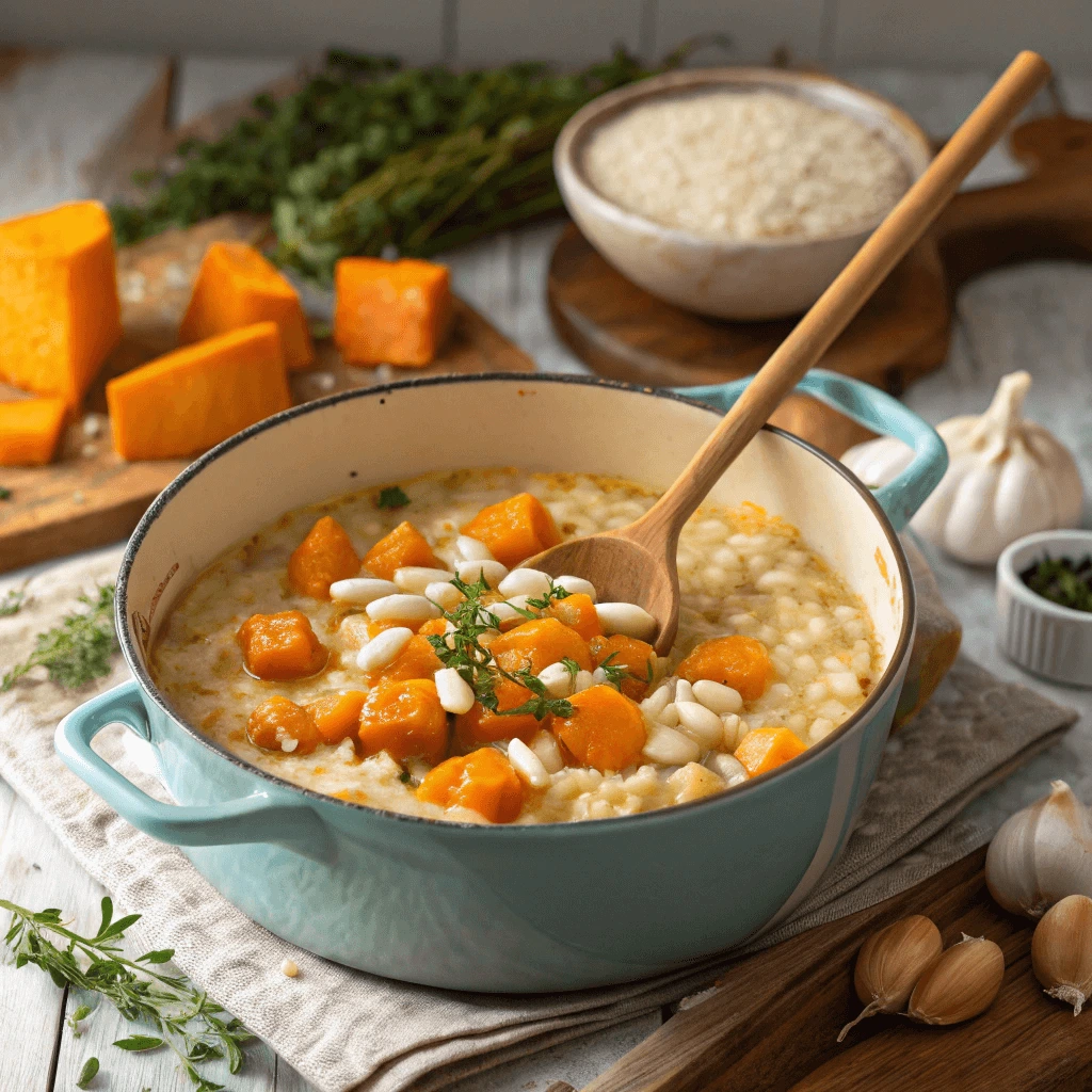 A close-up of creamy pumpkin risotto cooking in a pot on the stove.