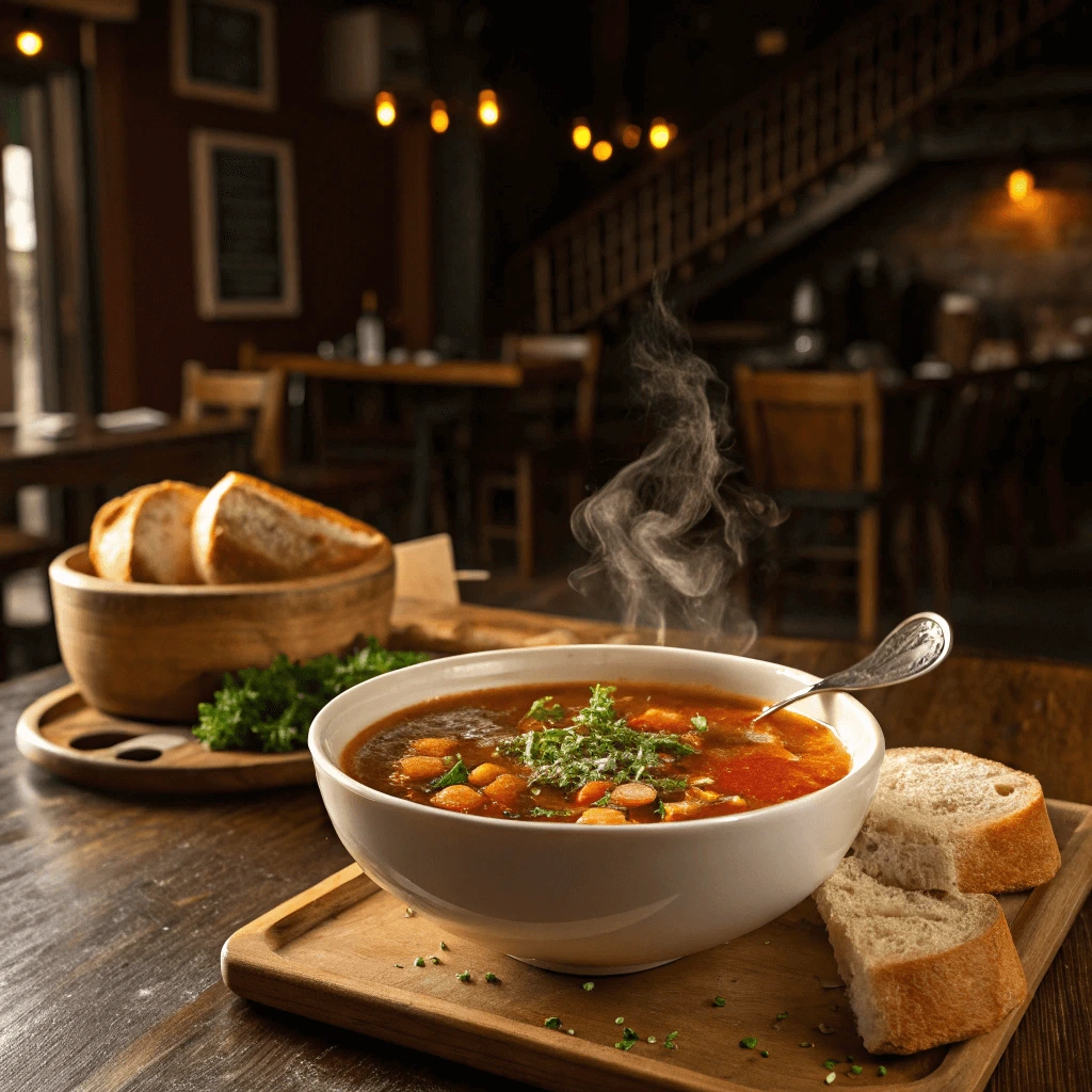 A comforting bowl of soup with a slice of warm bread on the side at Soup Village.