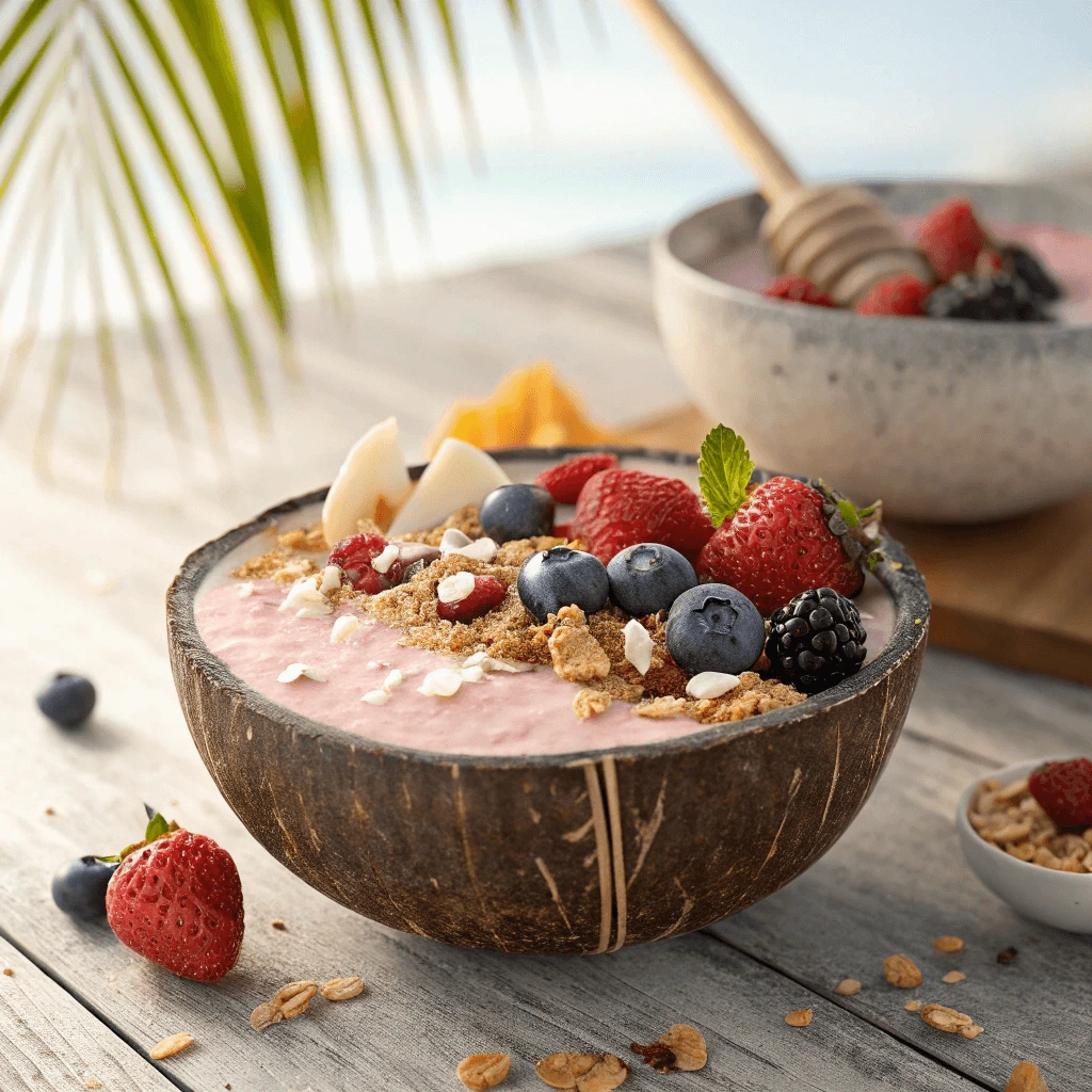 A creamy smoothie base in a coconut bowl, topped with granola, berries, and coconut flakes.