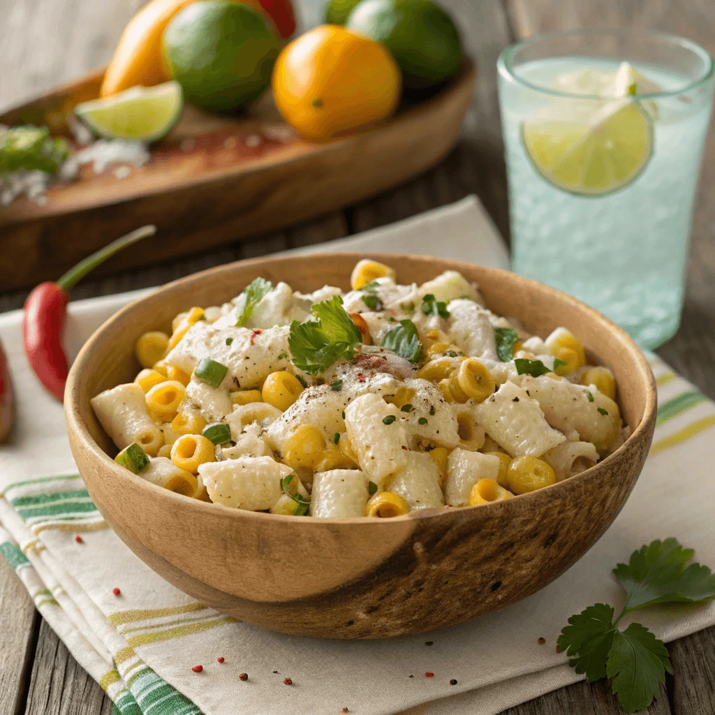 Bowl of Elote Pasta Salad garnished with fresh herbs and chili powder