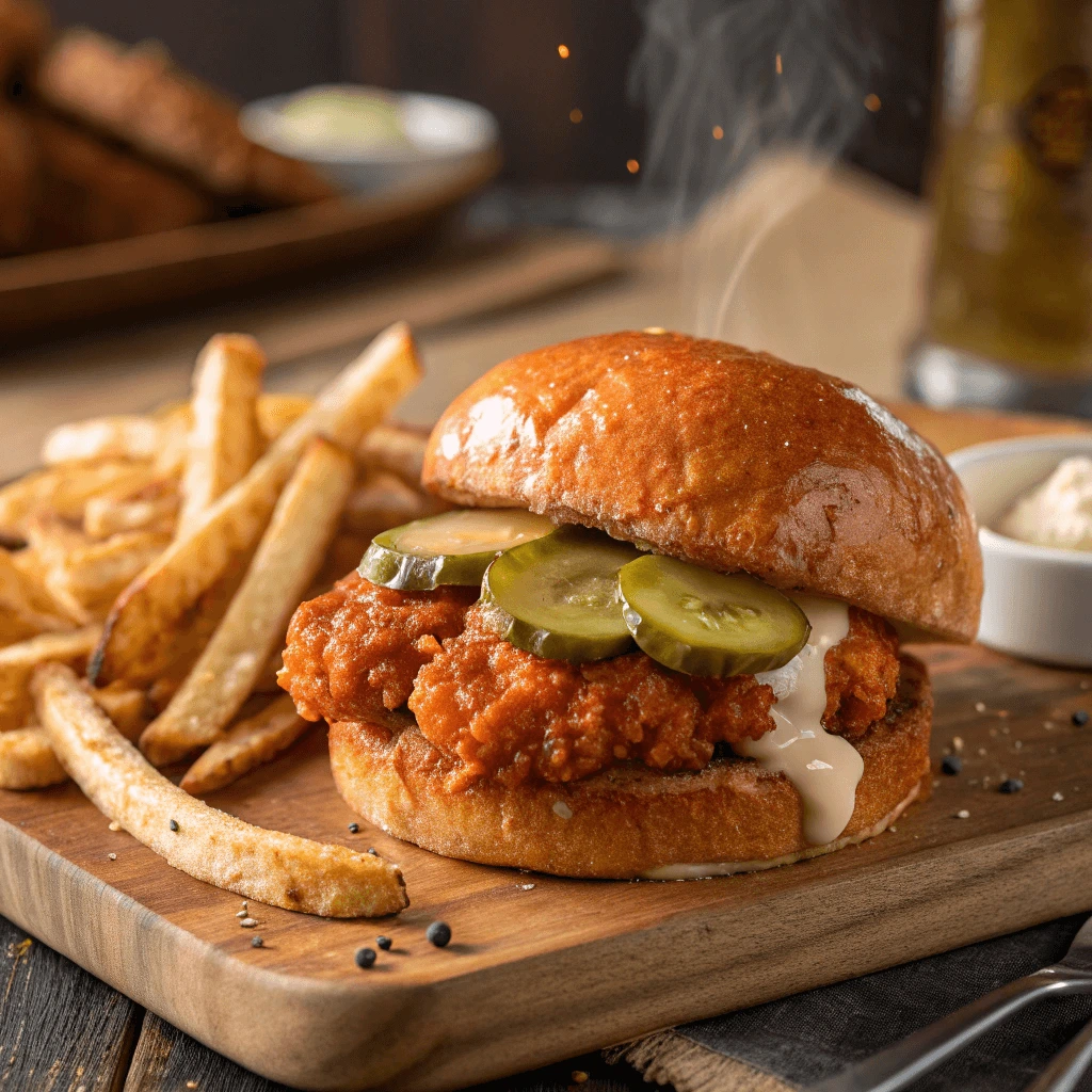 Hot honey chicken sandwich served with a side of fries, a perfect homemade meal