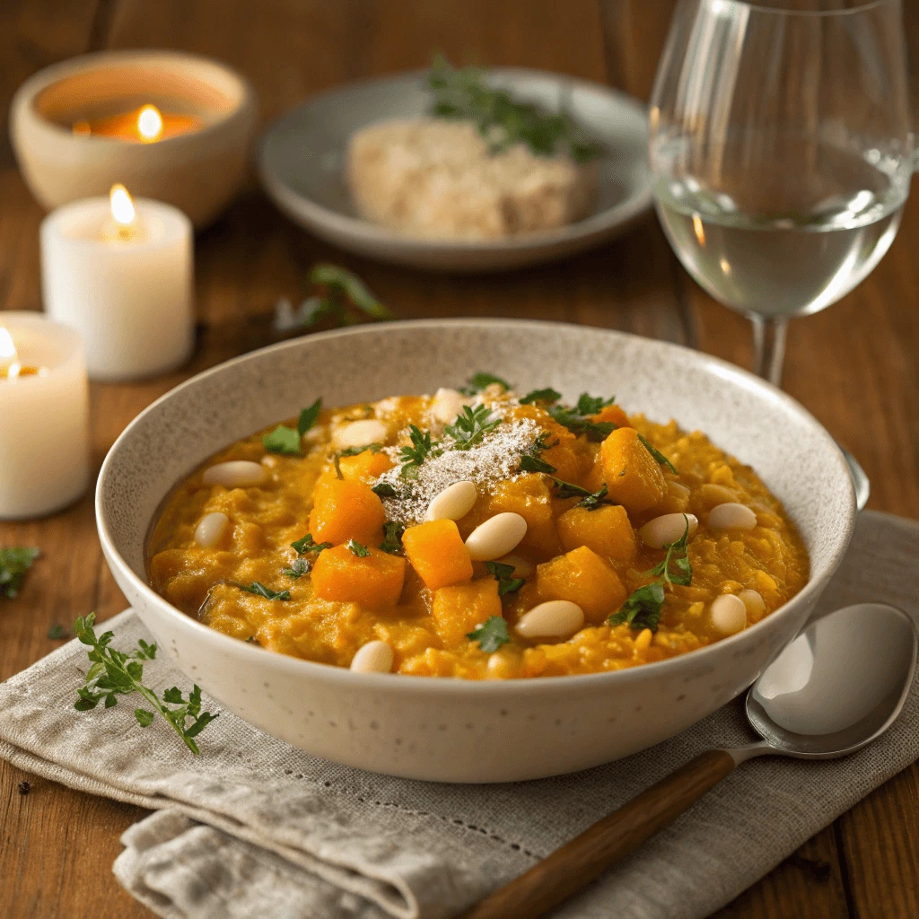  A spoon serving a portion of pumpkin risotto with beans from a pot.