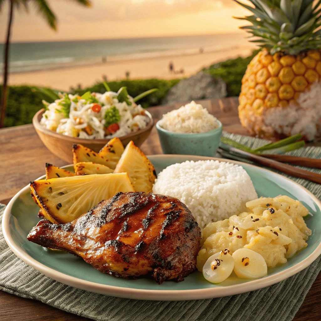 Grilled Yummy Buli Huli Chicken on a plate with tropical garnish