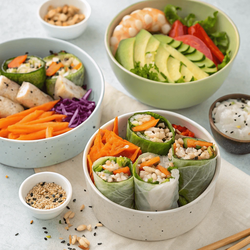 A fresh and vibrant spread of Asian-inspired rolls and nutrient-packed bowls.