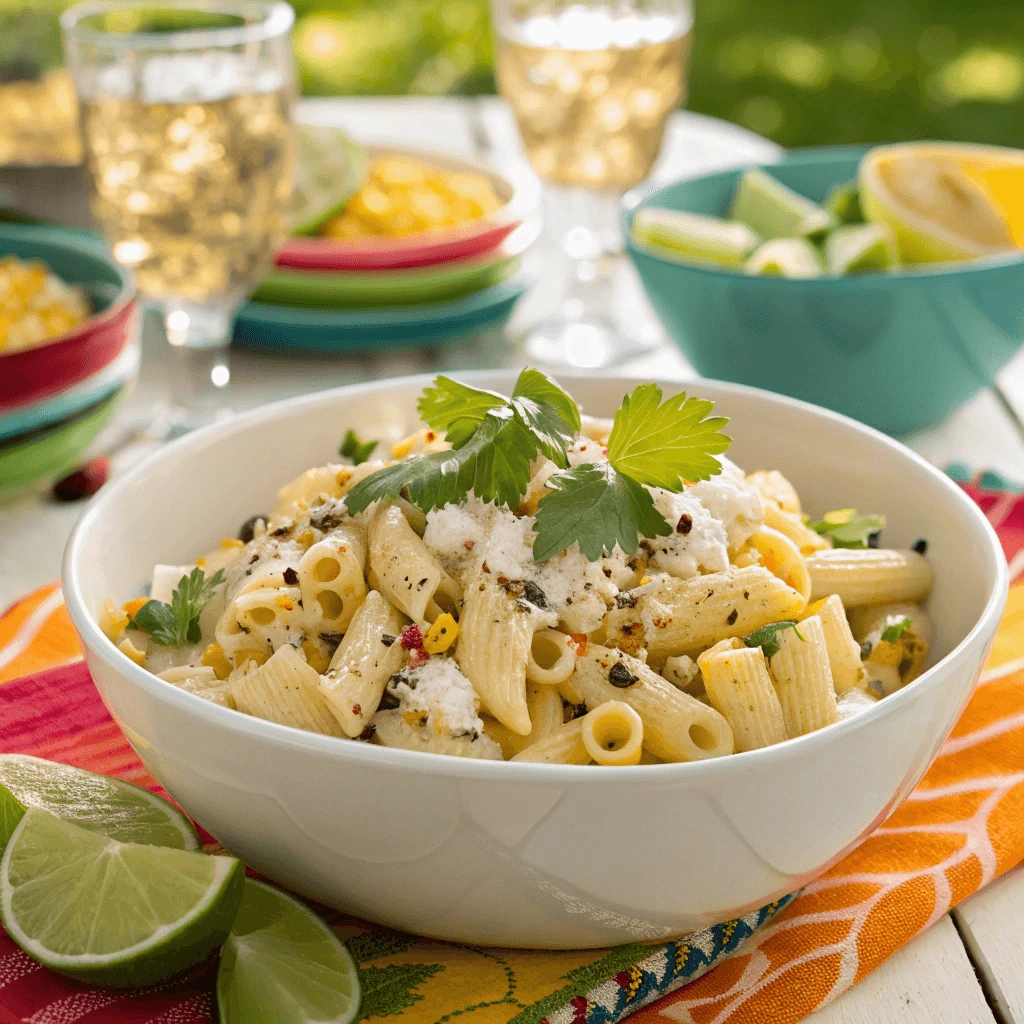 Serving spoon with a scoop of Elote Pasta Salad with cilantro and jalapenos.