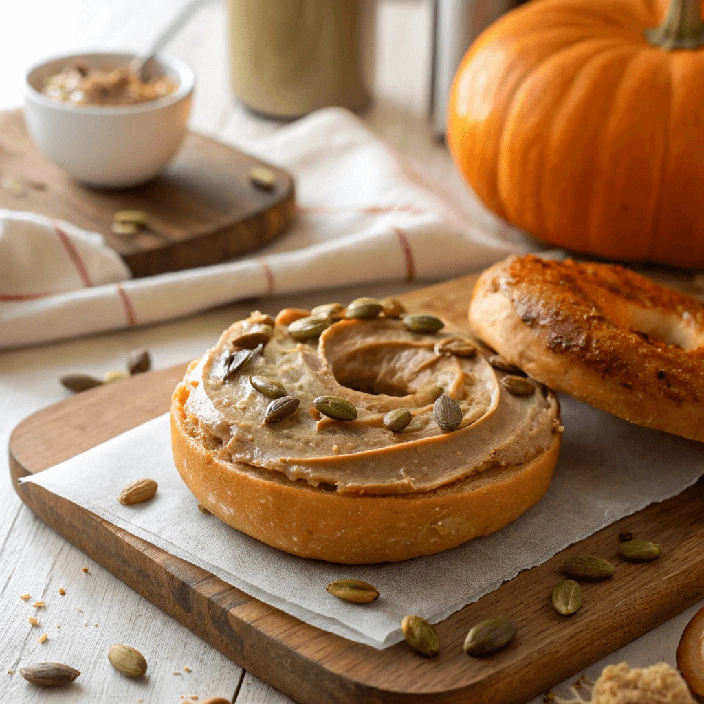 Sliced healthy pumpkin bagels with a light spread of nut butter.