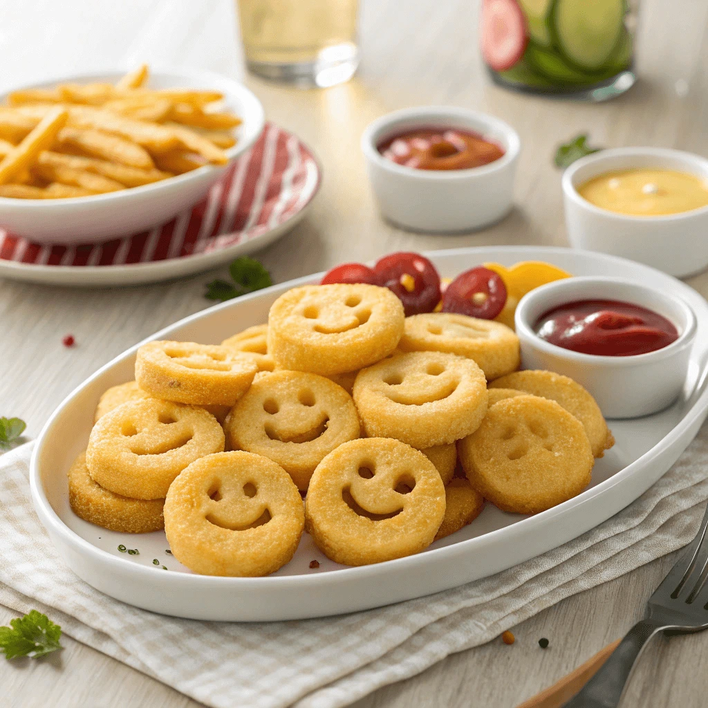 Plating crispy homemade smiley face fries for a family dinner