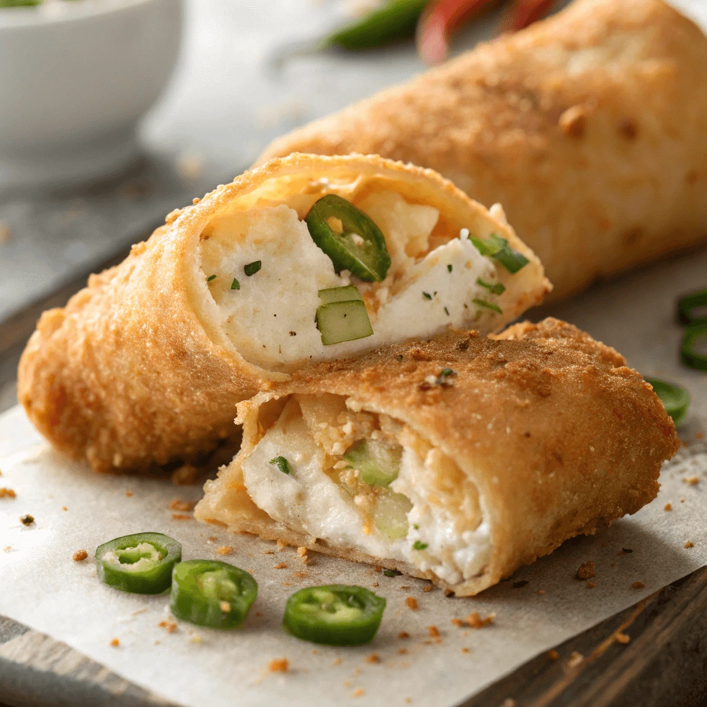 A close-up of crispy egg rolls filled with goat cheese and jalapeno