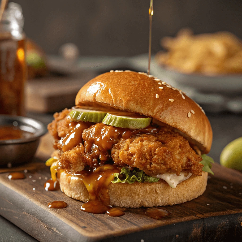 Homemade hot honey chicken sandwich with a bite taken out.