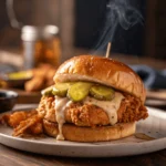 Crispy hot honey chicken sandwich with a golden fried chicken breast, topped with sweet and spicy sauce.