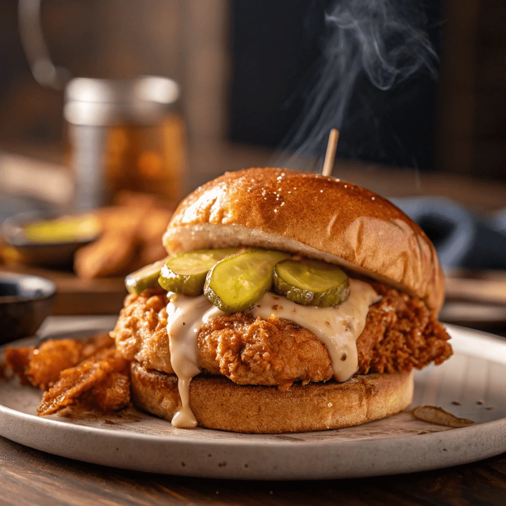 Crispy hot honey chicken sandwich with a golden fried chicken breast, topped with sweet and spicy sauce.