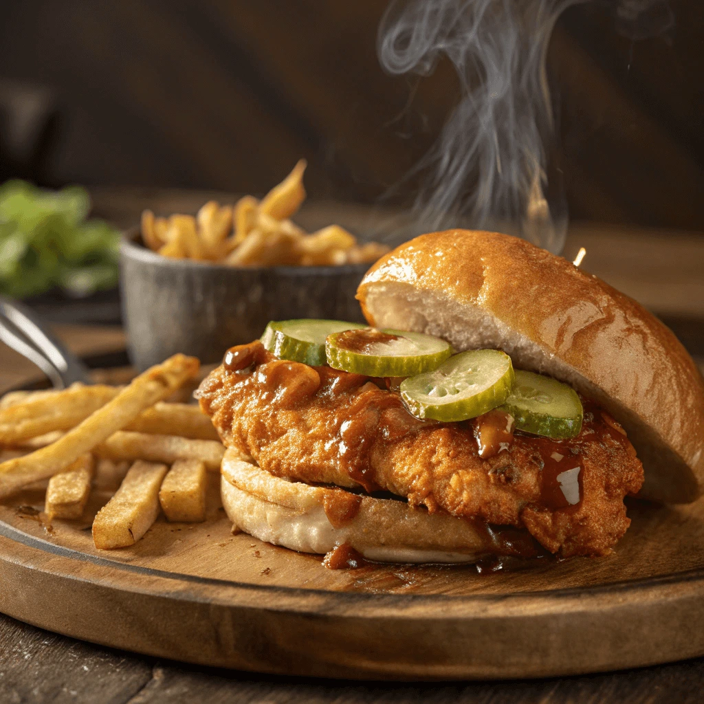 Hot honey chicken sandwich on a wooden board with side pickles and fries.