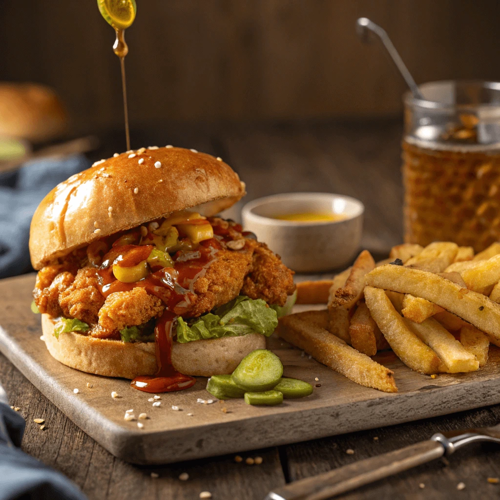 Hot Honey Chicken Sandwich with a side of crispy fries and a tangy dipping sauce