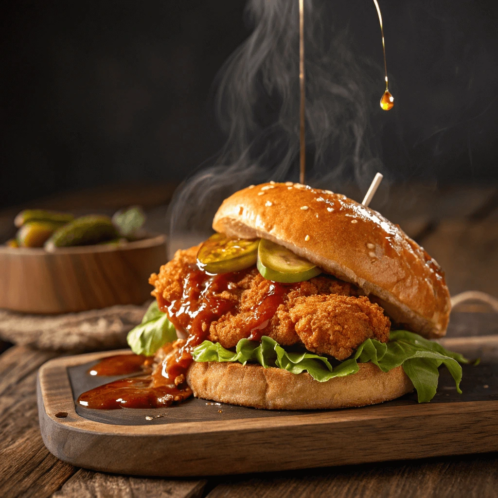 Close-up of a Hot Honey Chicken Sandwich with golden chicken fillet, honey drizzle, and lettuce