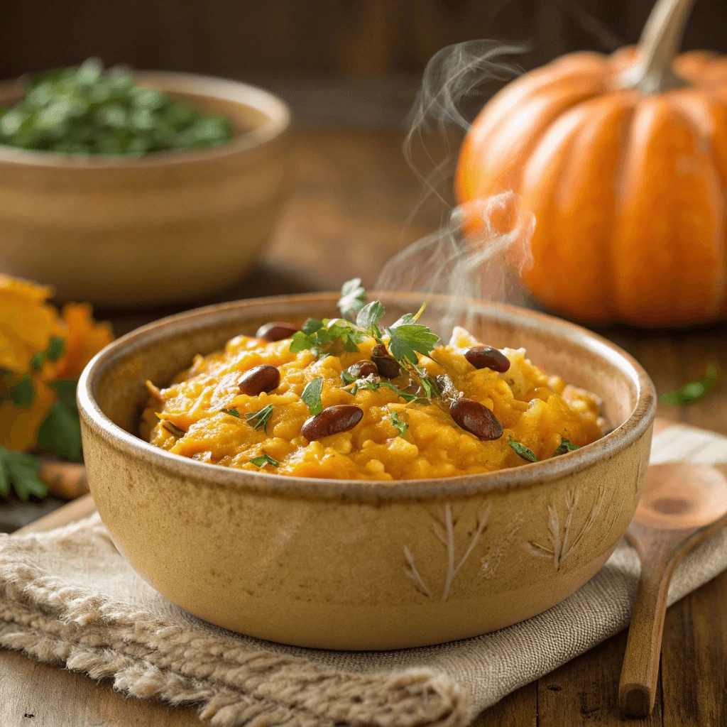 Close-up of pumpkin risotto with beans topped with fresh herbs