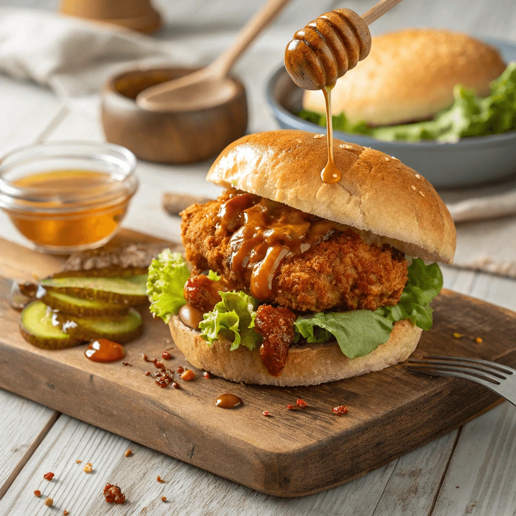 Homemade Hot Honey Chicken Sandwich on a cutting board, garnished with fresh herbs and toppings