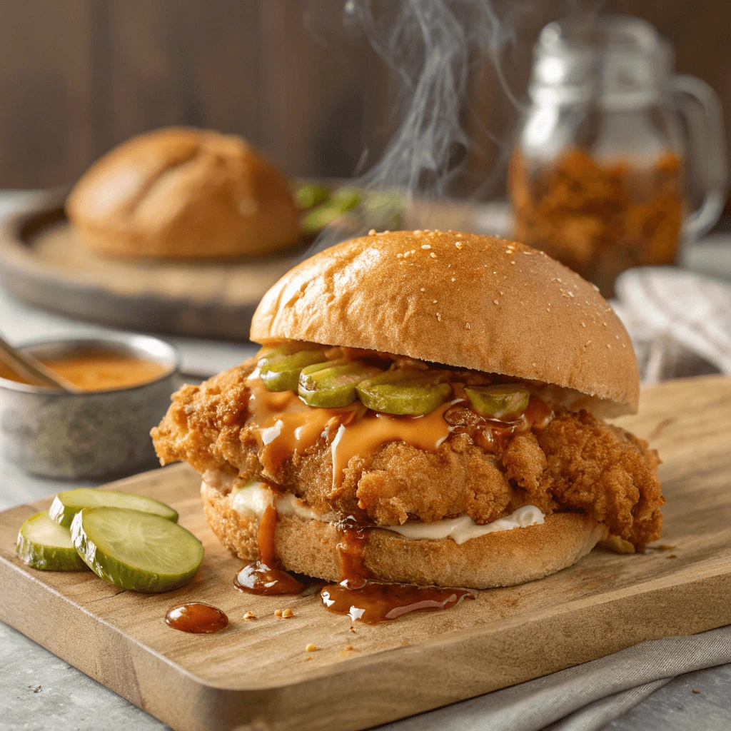 Assembling the best hot honey chicken sandwich with fresh ingredients and crispy fried chicken