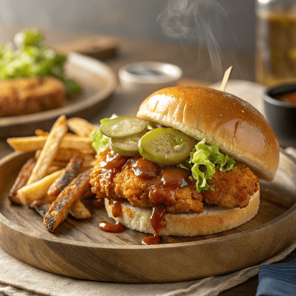 Crispy hot honey chicken sandwich with fresh toppings and a golden bun.