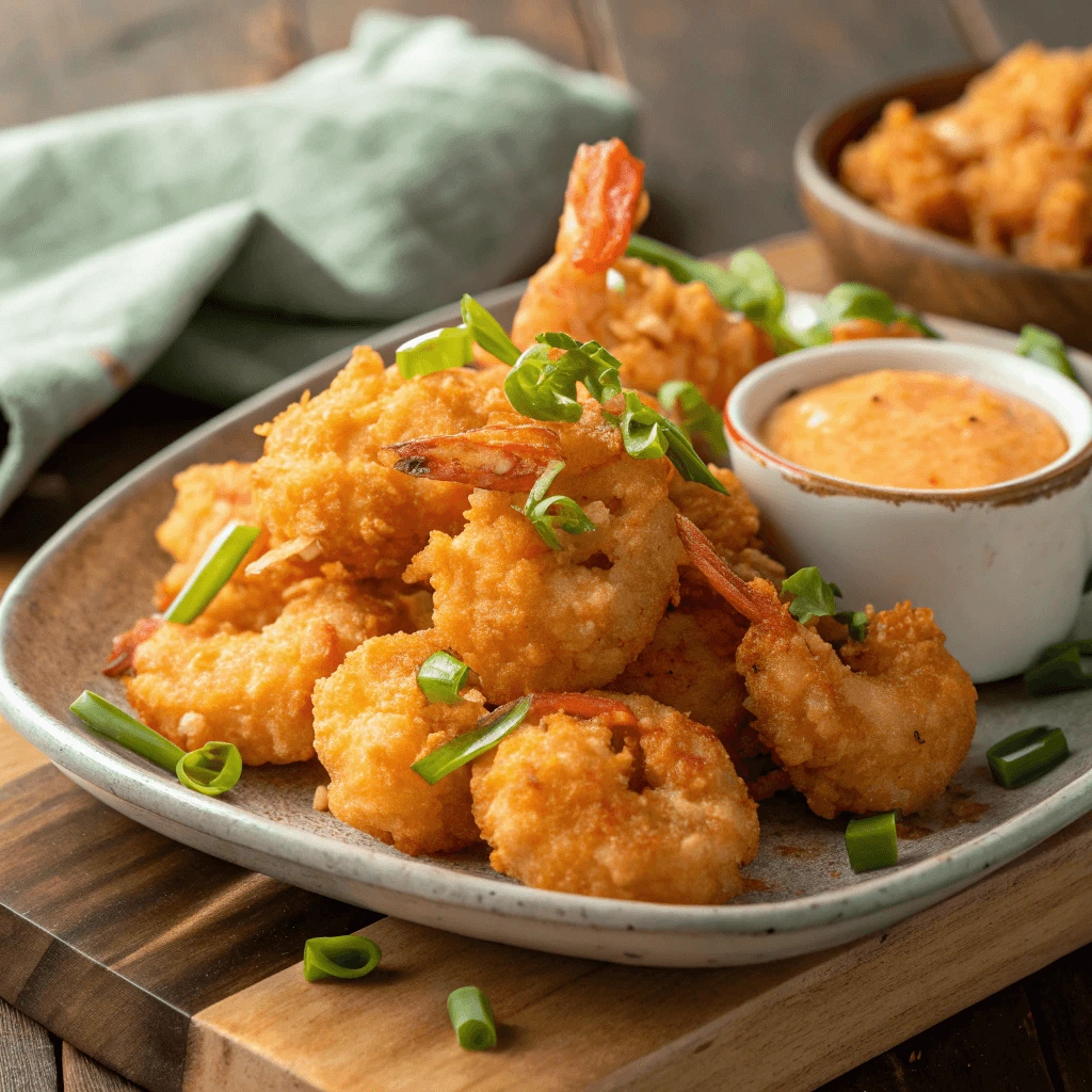  Delicious Boom Boom Shrimp with garnish and dipping sauce