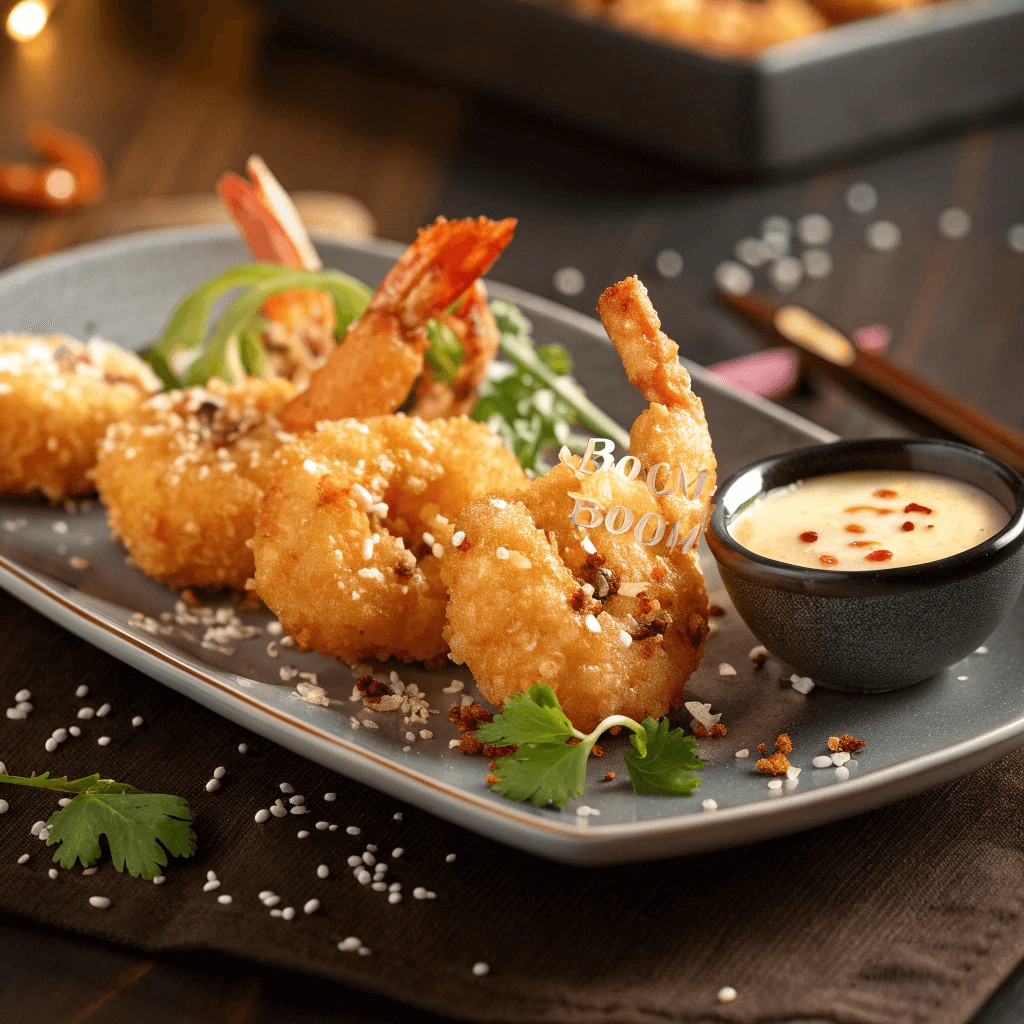 Crispy, golden Boom Boom Shrimp served on a plate with dipping sauce.